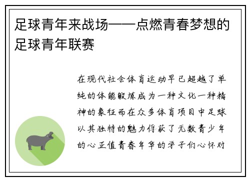 足球青年来战场——点燃青春梦想的足球青年联赛